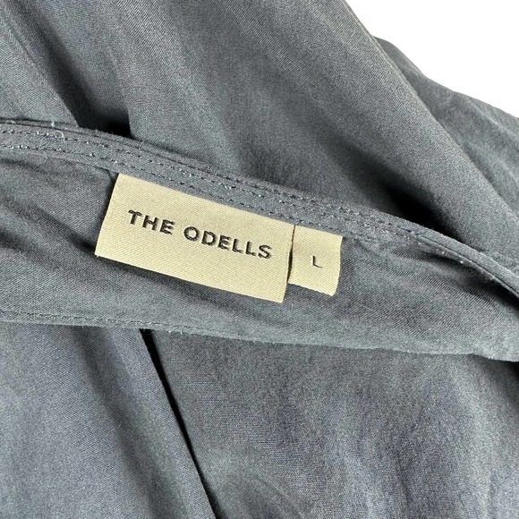 THE ODELLS Blue V-Neck Back Cutout Short Sleeve Blouse Large Rayon Boho Chic - Picture 6 of 6